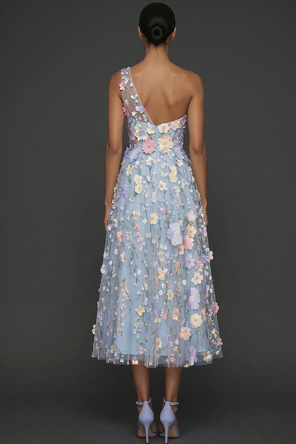 Floral Light Blue A Line One Shoulder Midi Formal Dress with Slit