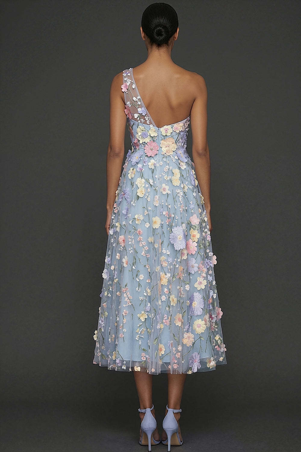 Floral Light Blue A Line One Shoulder Midi Formal Dress with Slit