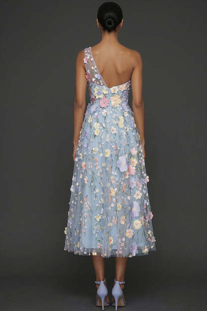 Floral Light Blue A Line One Shoulder Midi Formal Dress with Slit