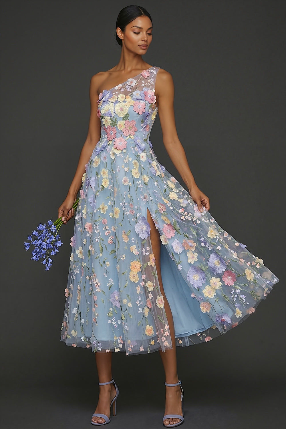 Floral Light Blue A Line One Shoulder Midi Formal Dress with Slit