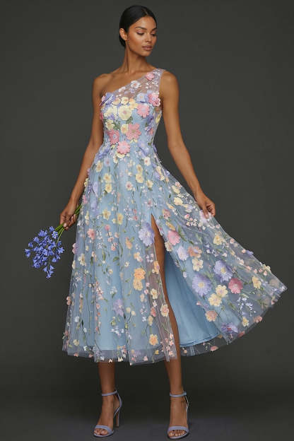 Floral Light Blue A Line One Shoulder Midi Formal Dress with Slit