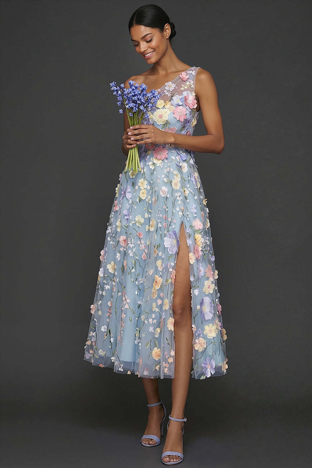 Floral Light Blue A Line One Shoulder Midi Formal Dress with Slit
