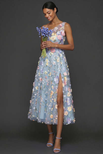 Floral Light Blue A Line One Shoulder Midi Formal Dress with Slit