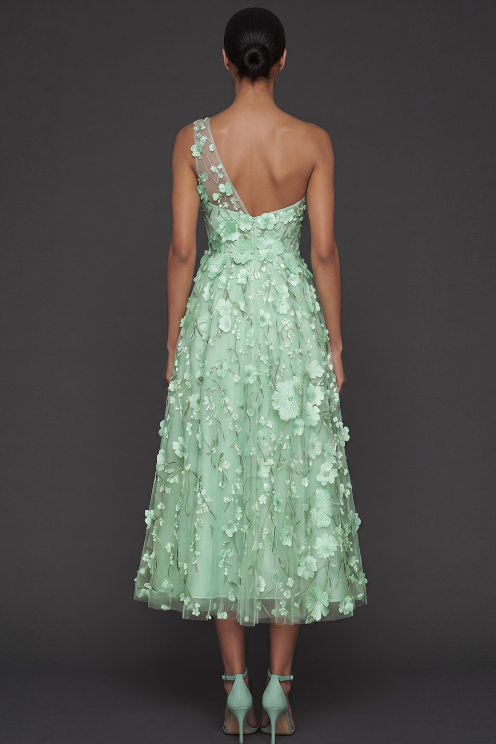 Floral Light Blue A Line One Shoulder Midi Formal Dress with Slit