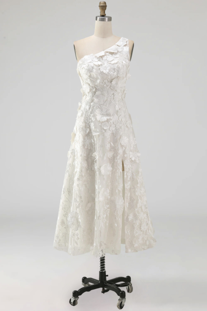Floral Light Blue A Line One Shoulder Midi Formal Dress with Slit