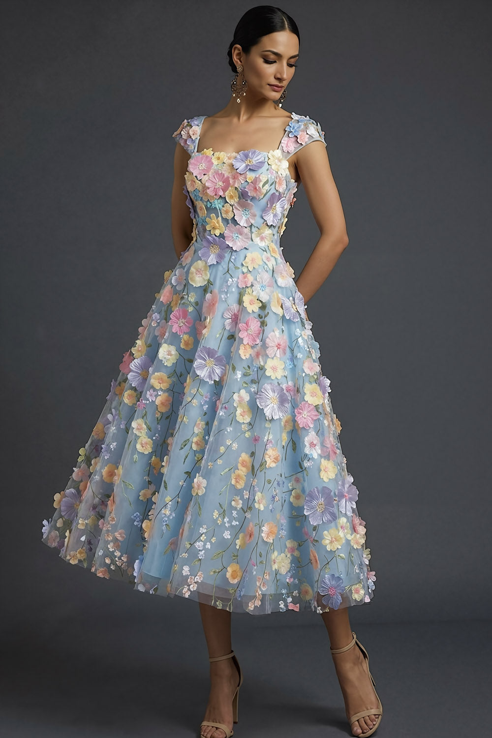 Floral Light Blue A Line Square Neck Long Formal Dress