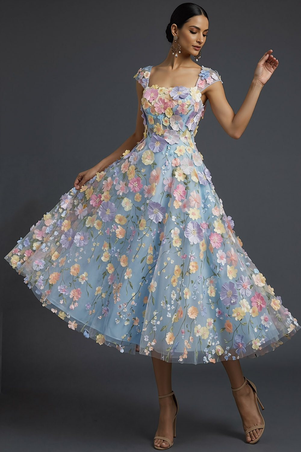 Floral Light Blue A Line Square Neck Long Formal Dress