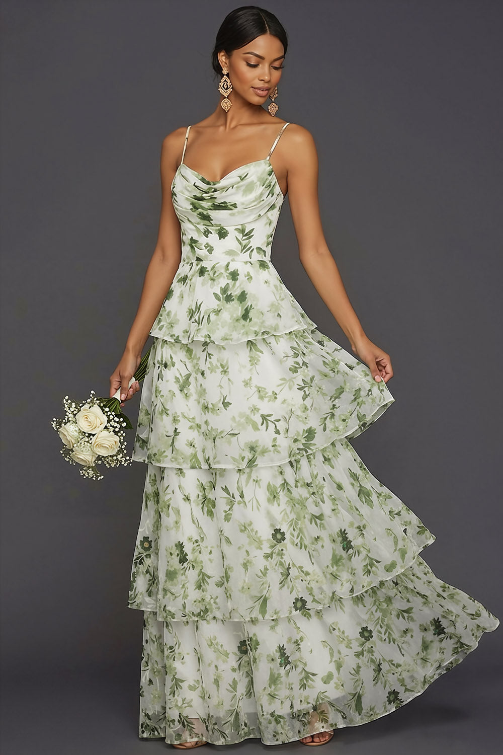 Leely Women Green Floral Spaghetti Straps Ruffled Long Formal Dress Tiered Backless Sleeveless Wedding Guest Dress