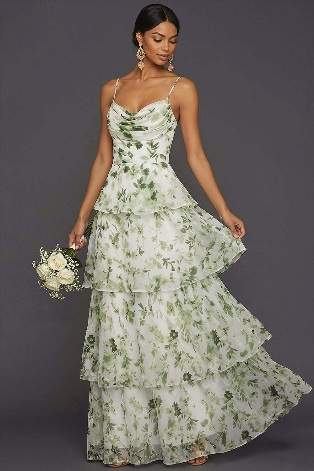Leely Women Green Floral Spaghetti Straps Ruffled Long Formal Dress Tiered Backless Sleeveless Wedding Guest Dress
