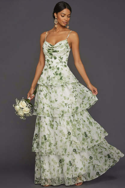 Leely Women Green Floral Spaghetti Straps Ruffled Long Formal Dress Tiered Backless Sleeveless Wedding Guest Dress