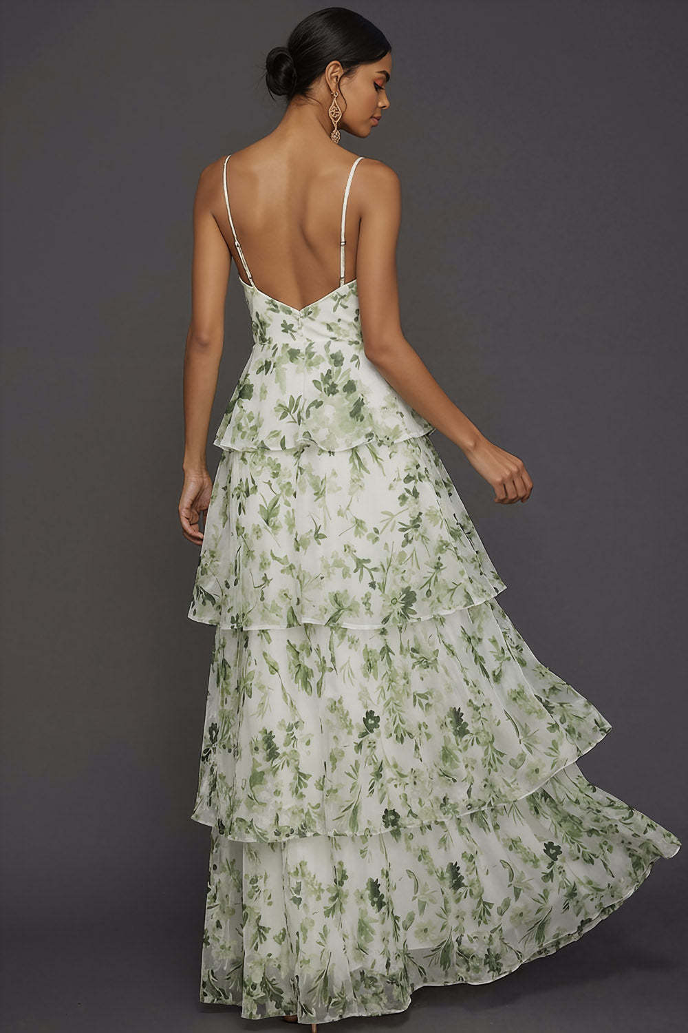 Green Floral Spaghetti Straps Ruffled Tiered Long Formal Dress