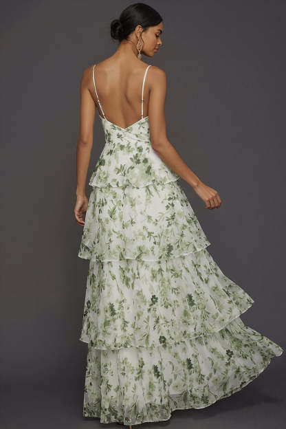 Green Floral Spaghetti Straps Ruffled Tiered Long Formal Dress
