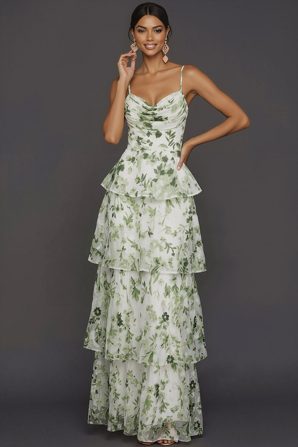 Green Floral Spaghetti Straps Ruffled Tiered Long Formal Dress