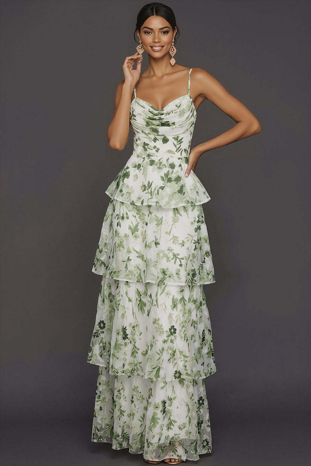Green Floral Spaghetti Straps Ruffled Tiered Long Formal Dress