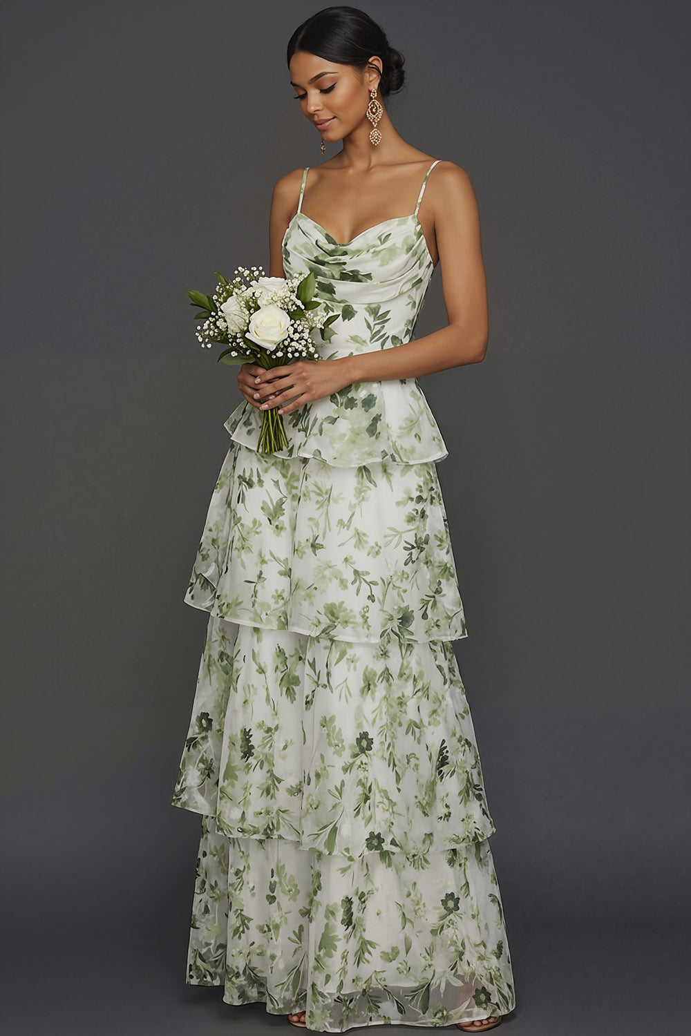 Green Floral Spaghetti Straps Ruffled Tiered Long Formal Dress