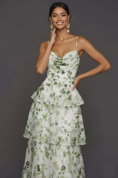 Green Floral Spaghetti Straps Ruffled Tiered Long Formal Dress