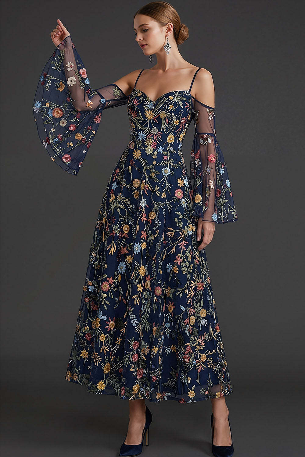 Leely Women Floral Navy A Line Spaghetti Straps Long Formal Dress Embroidered Backless Flutter Sleeves Wedding Guest Dress