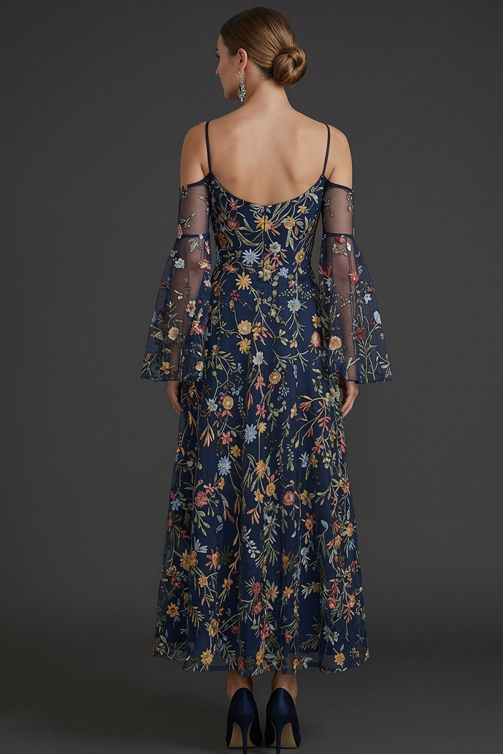 Floral Navy A Line Spaghetti Straps Embroidered Long Formal Dress