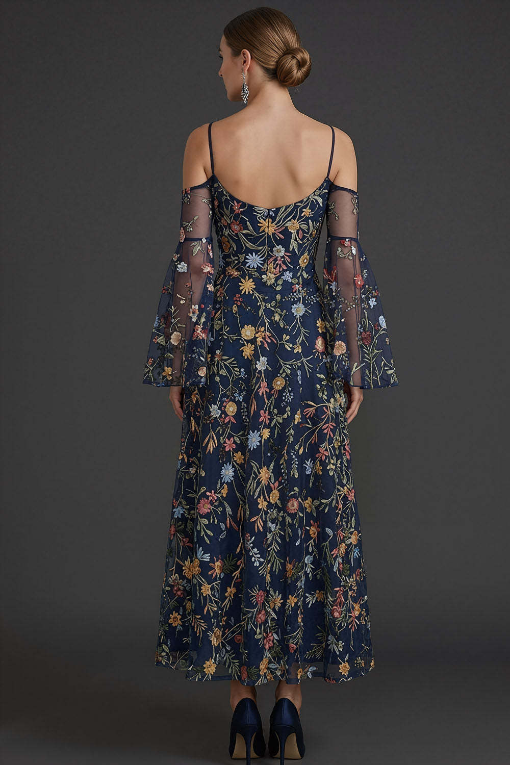 Floral Navy A Line Spaghetti Straps Embroidered Long Formal Dress