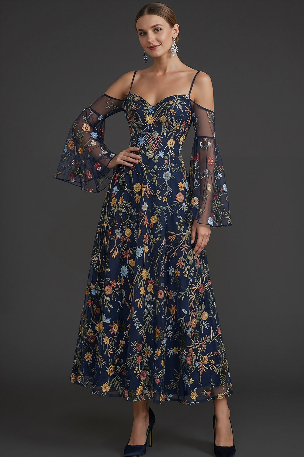 Floral Navy A Line Spaghetti Straps Embroidered Long Formal Dress