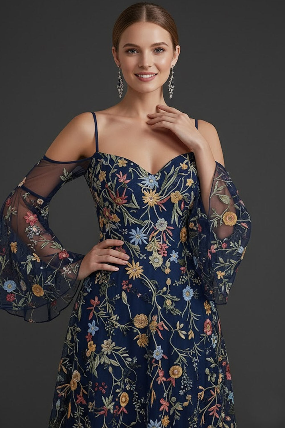 Floral Navy A Line Spaghetti Straps Embroidered Long Formal Dress