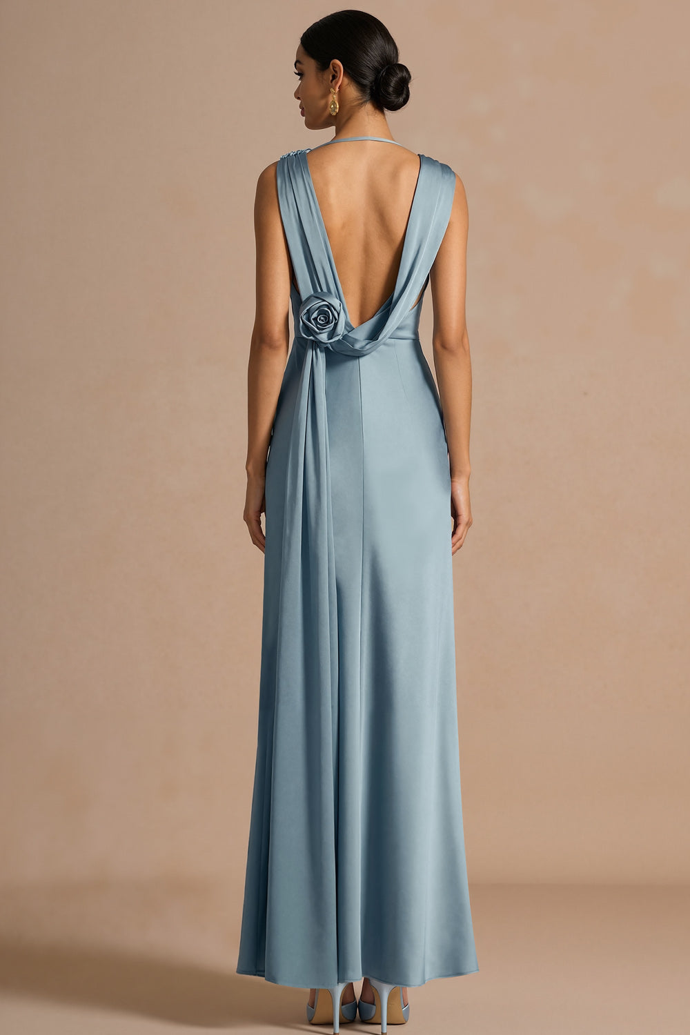 Dusty Blue Sheath Satin Cowl Neck Long Formal Dress