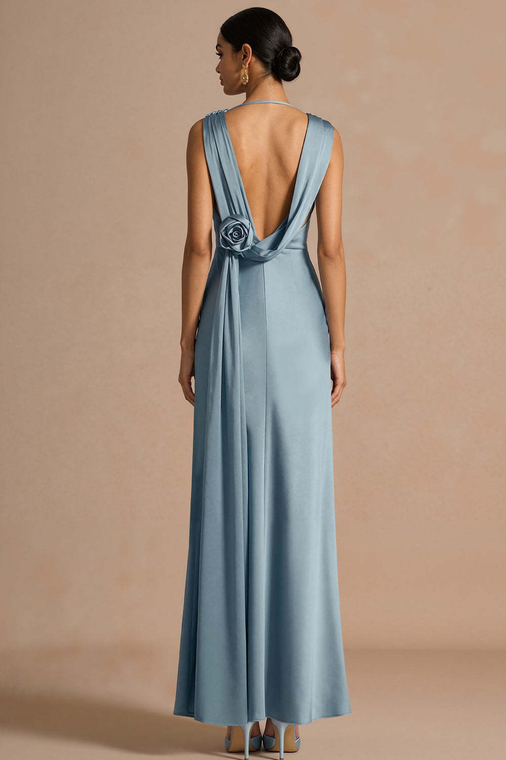 Dusty Blue Sheath Satin Cowl Neck Long Formal Dress