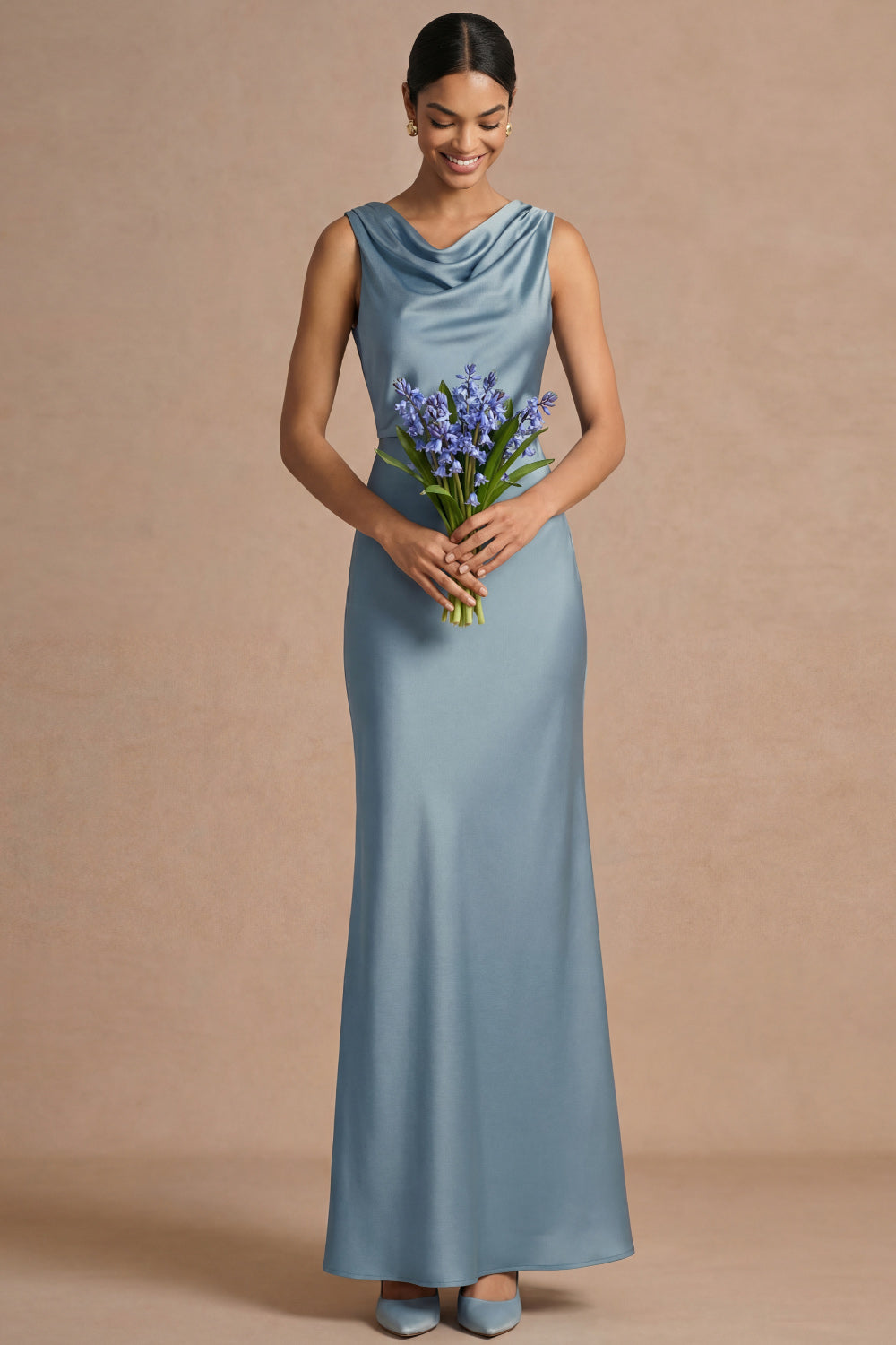 Dusty Blue Sheath Satin Cowl Neck Long Formal Dress