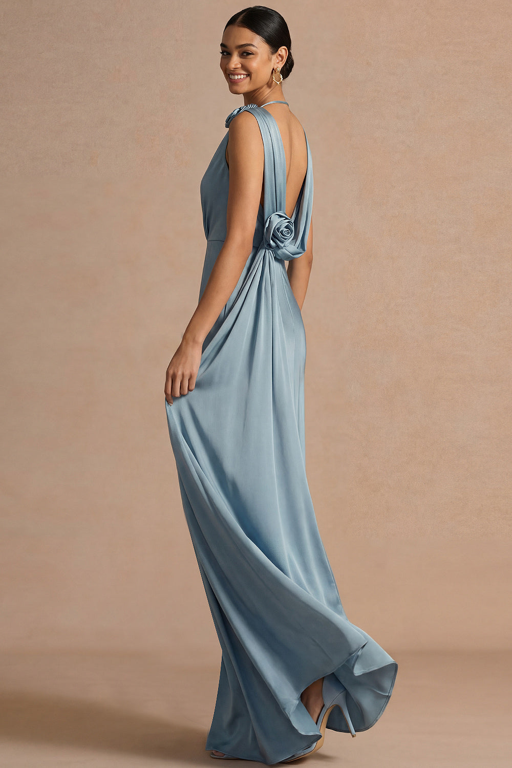 Dusty Blue Sheath Satin Cowl Neck Long Formal Dress