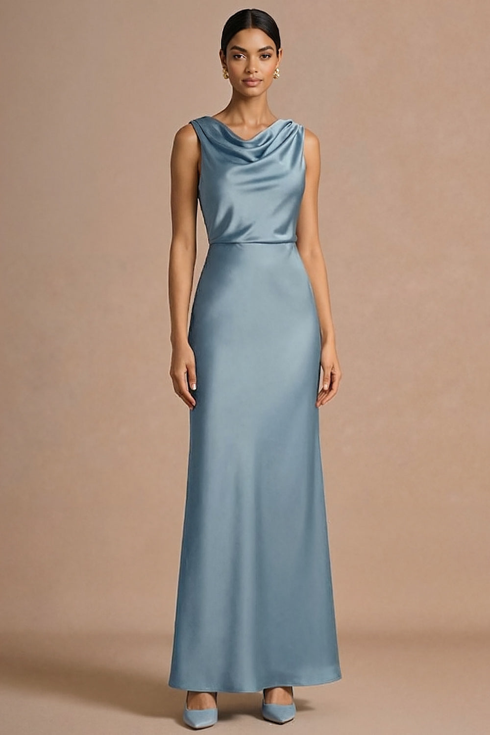 Leely Women Dusty Blue Sheath Satin Cowl Neck Long Formal Dress Backless Sleeveless Wedding Guest Dress