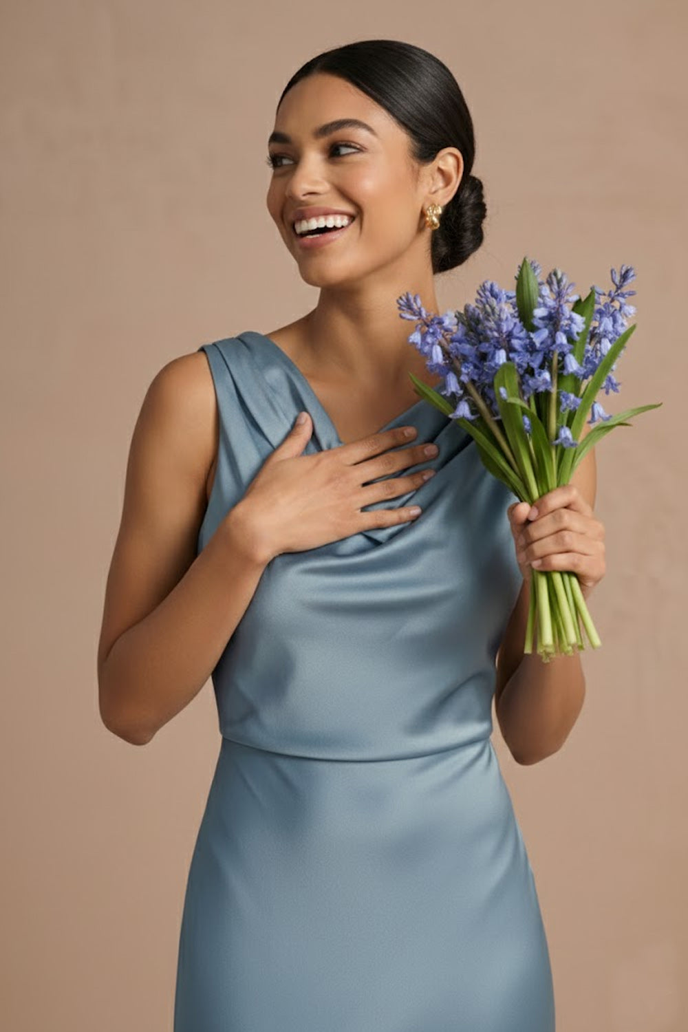 Dusty Blue Sheath Satin Cowl Neck Long Formal Dress