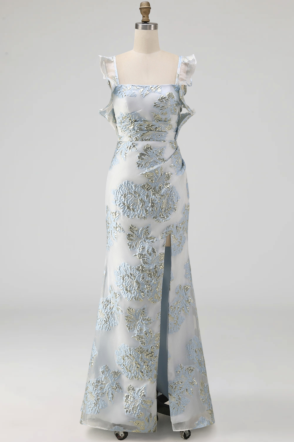 Floral Jacquard Dusty Blue Mermaid Ruffled Long Formal Dress with Slit