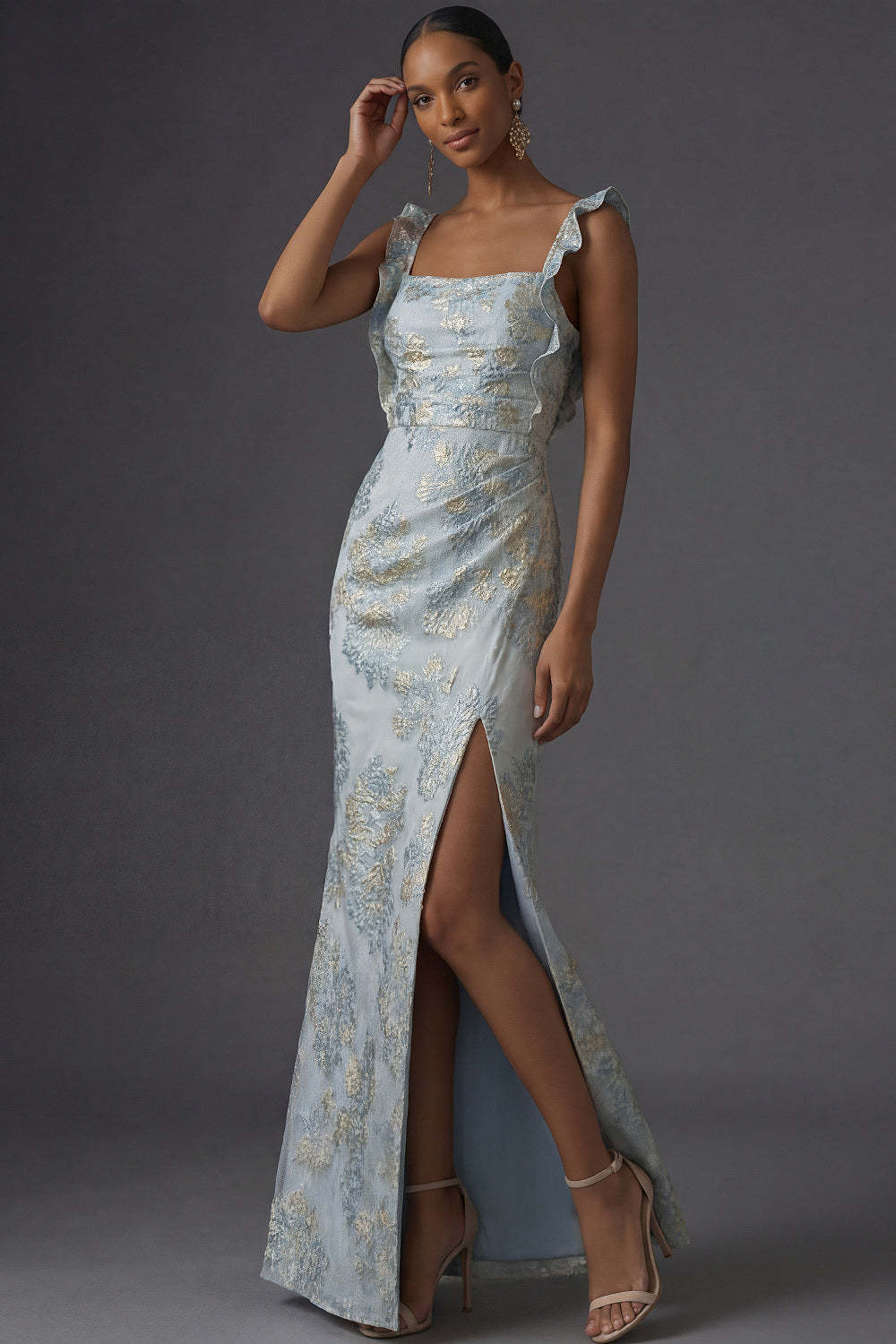 Leely Women Floral Jacquard Dusty Blue Mermaid Ruffled Long Formal Dress with Slit Square Neck Backless Sleeveless Evening Dress