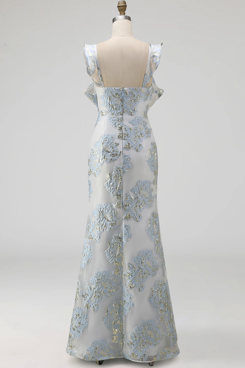 Floral Jacquard Dusty Blue Mermaid Ruffled Long Formal Dress with Slit