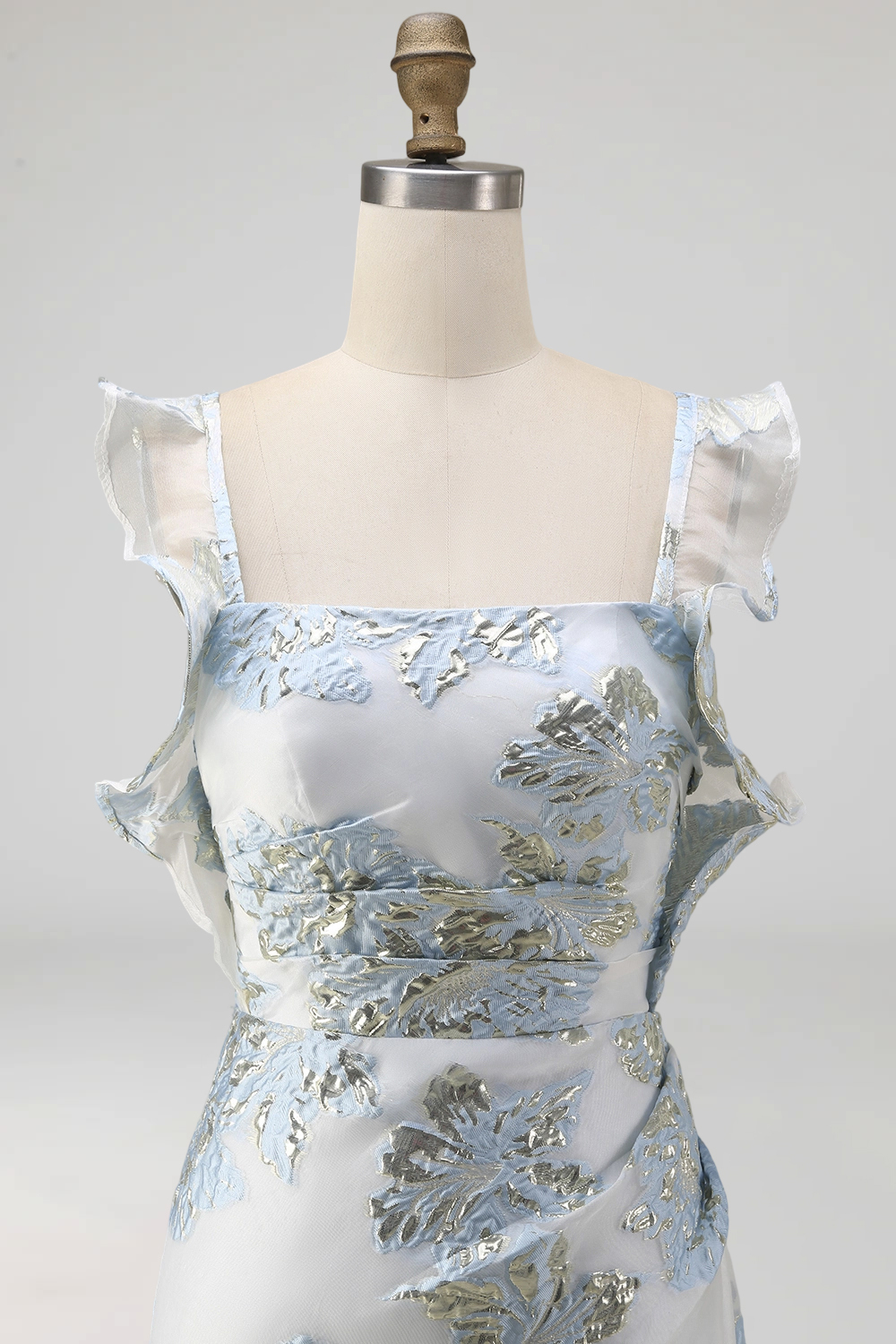 Floral Jacquard Dusty Blue Mermaid Ruffled Long Formal Dress with Slit