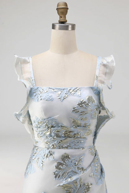 Floral Jacquard Dusty Blue Mermaid Ruffled Long Formal Dress with Slit