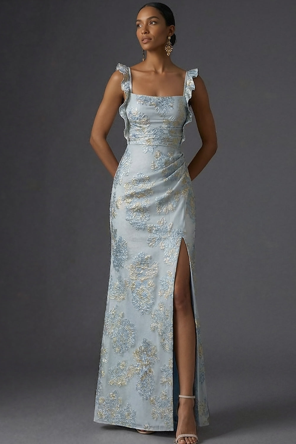 Floral Jacquard Dusty Blue Mermaid Ruffled Long Formal Dress with Slit