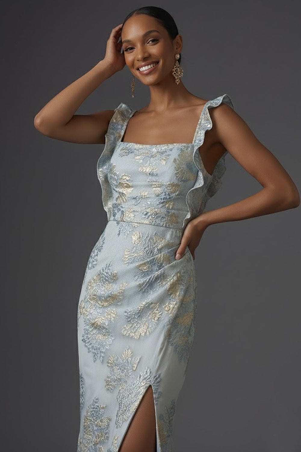 Floral Jacquard Dusty Blue Mermaid Ruffled Long Formal Dress with Slit