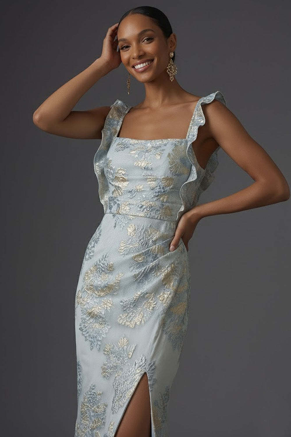 Floral Jacquard Dusty Blue Mermaid Ruffled Long Formal Dress with Slit
