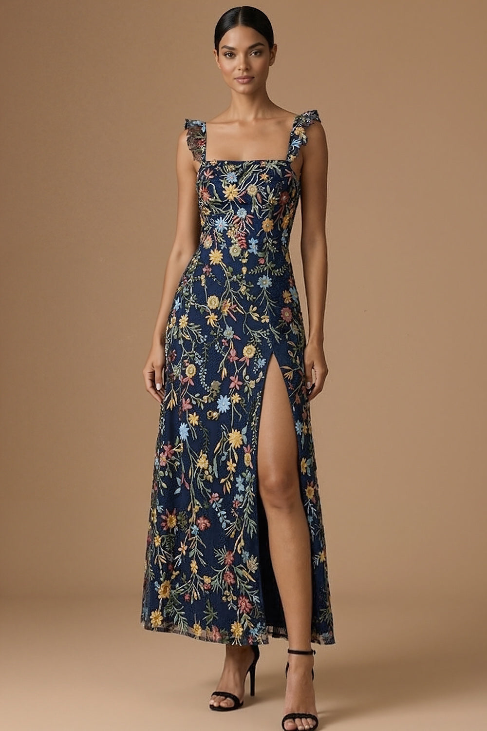 Navy Embroidered Sheath Ruffled Floral Long Formal Dress
