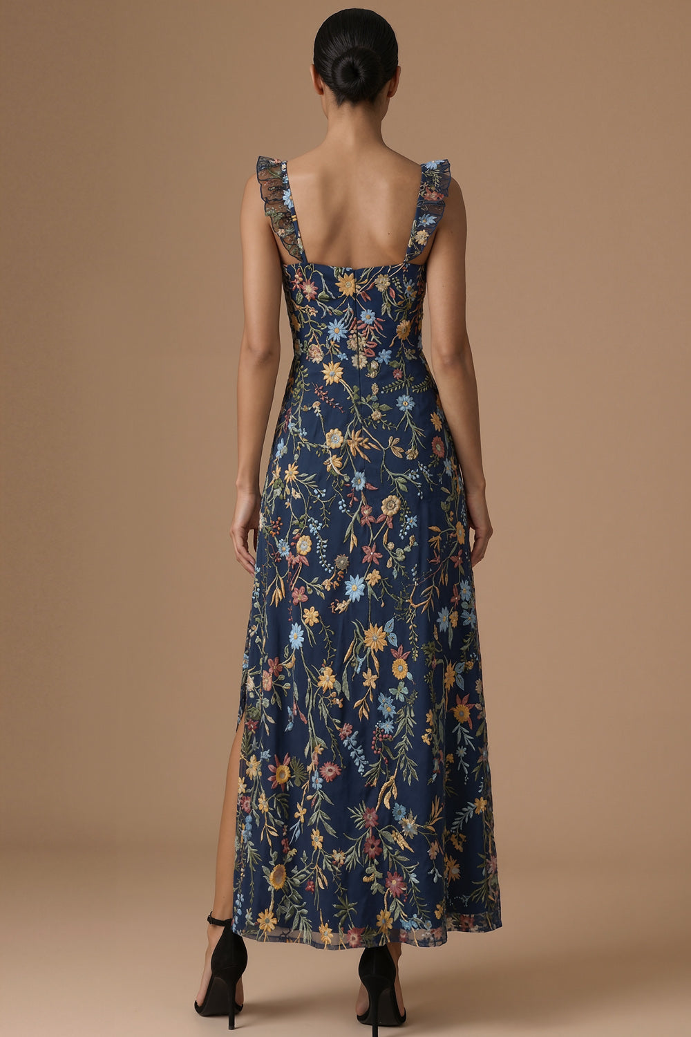 Navy Embroidered Sheath Ruffled Floral Long Formal Dress
