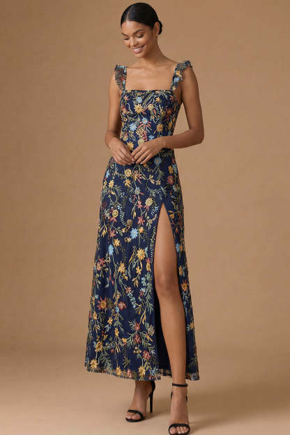 Navy Embroidered Sheath Ruffled Floral Long Formal Dress