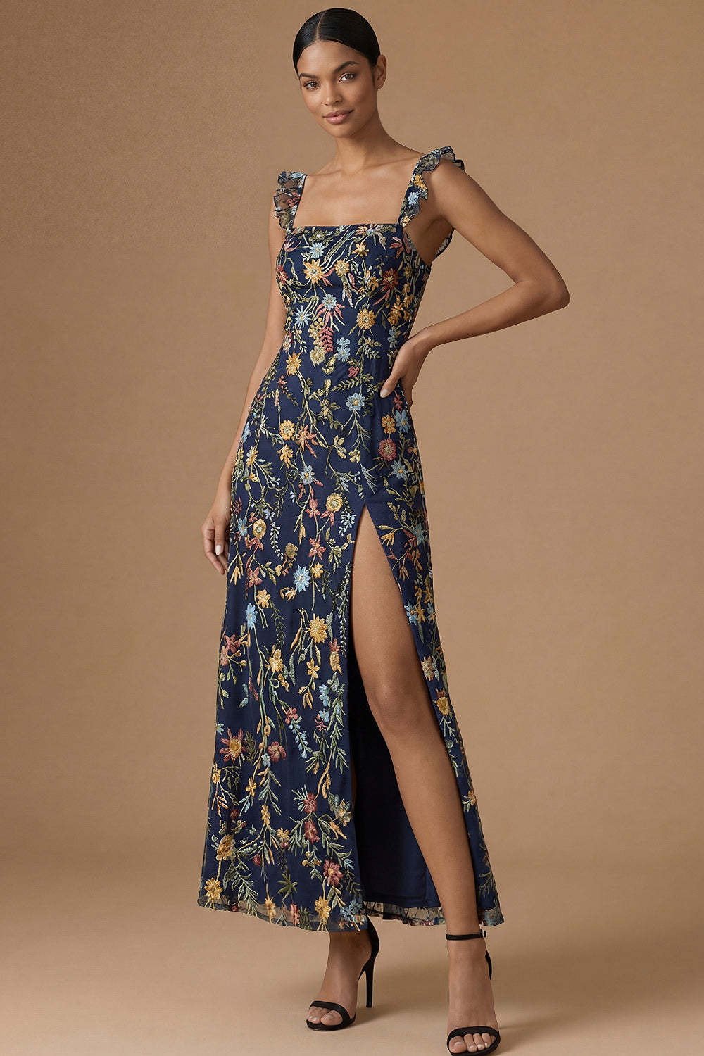 Navy Embroidered Sheath Ruffled Floral Long Formal Dress