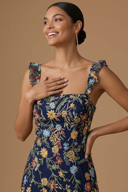 Navy Embroidered Sheath Ruffled Floral Long Formal Dress