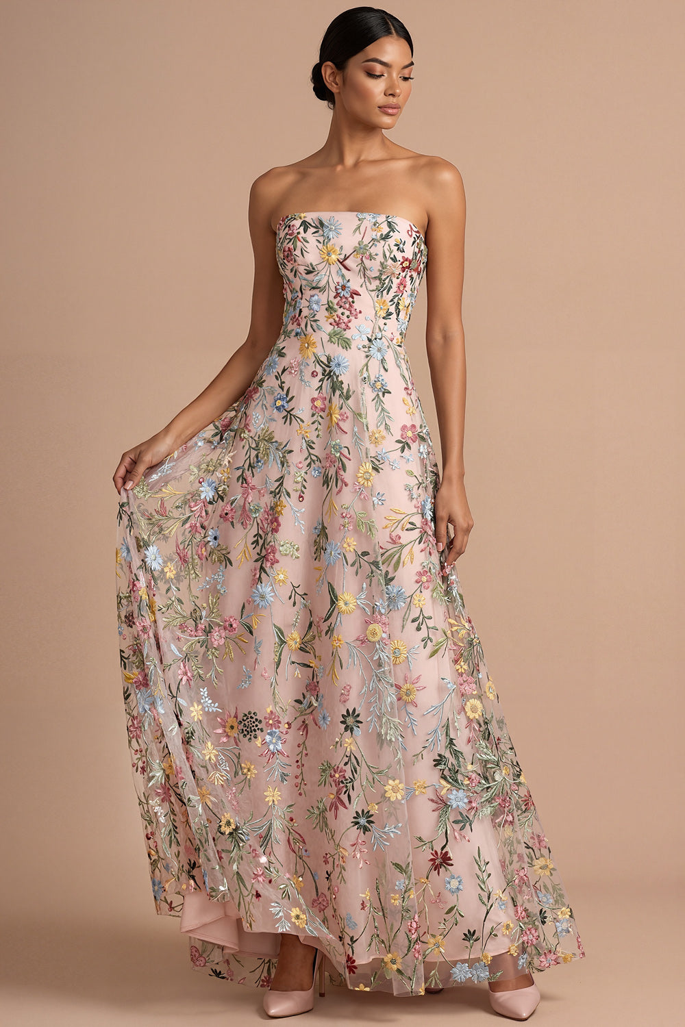 Leely Women Pink Floral Embroidered Strapless Long Formal Dress Backless Sleeveless Wedding Guest Dress