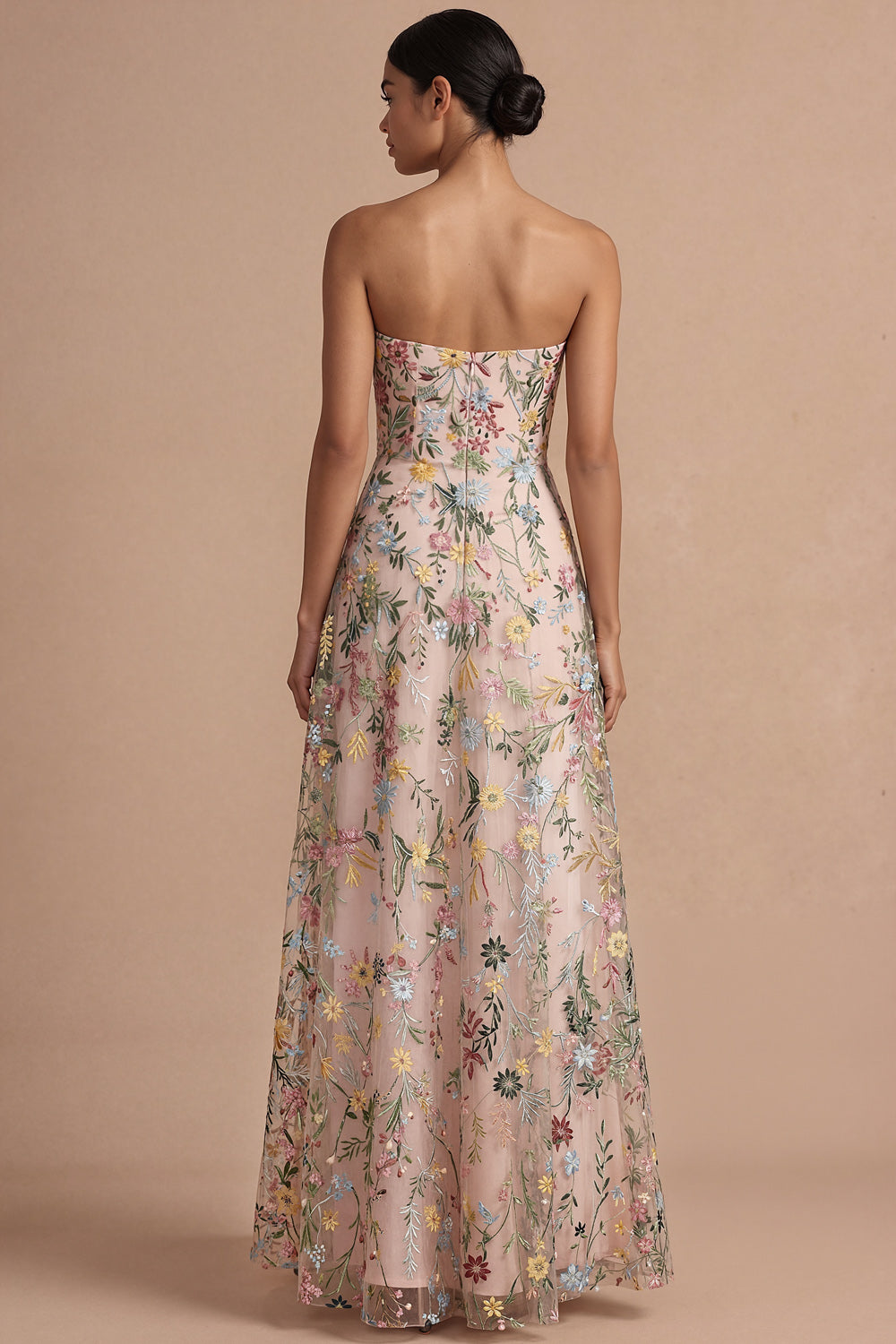 Pink Floral Embroidered Strapless Backless Long Formal Dress