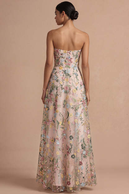 Pink Floral Embroidered Strapless Backless Long Formal Dress