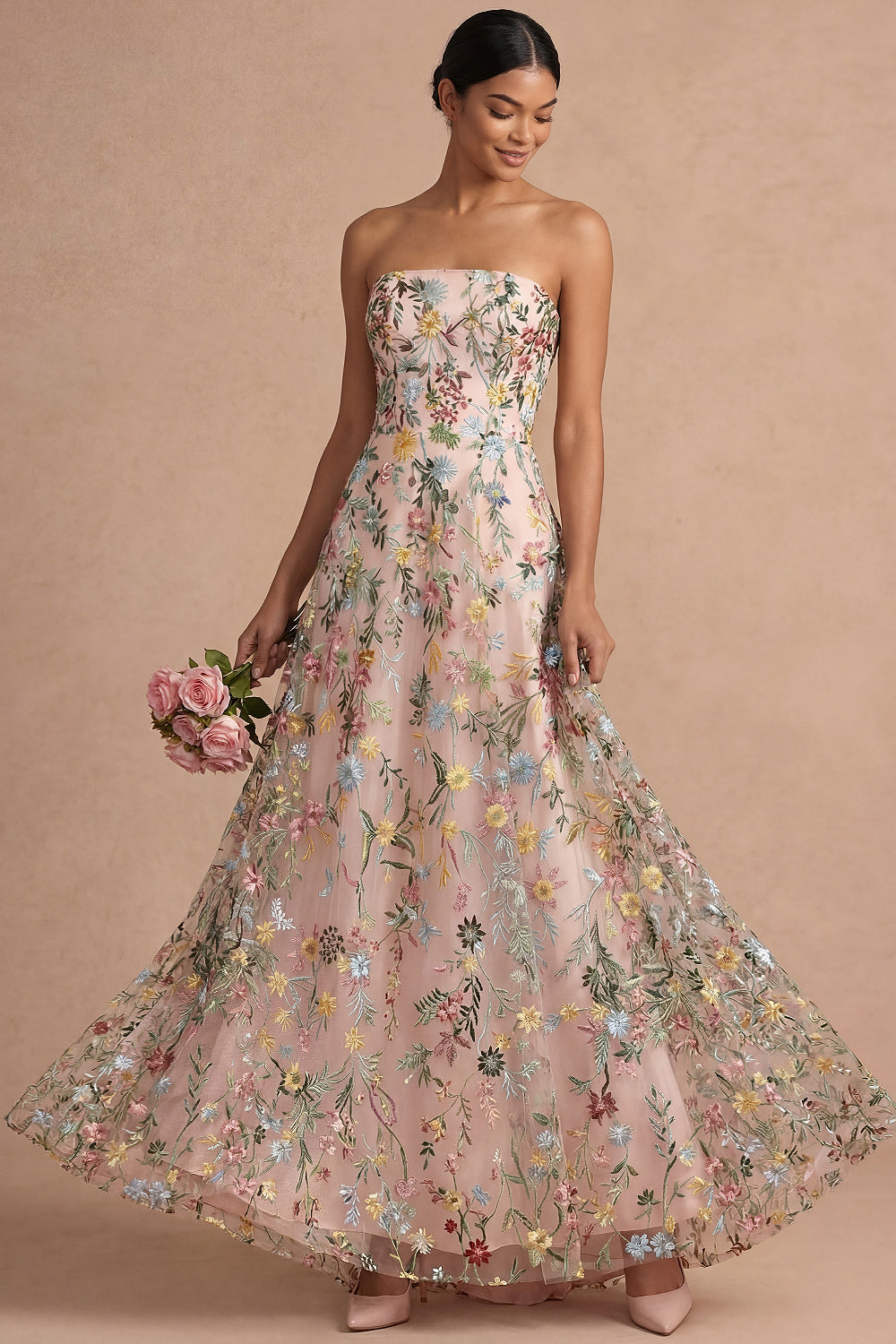 Pink Floral Embroidered Strapless Backless Long Formal Dress