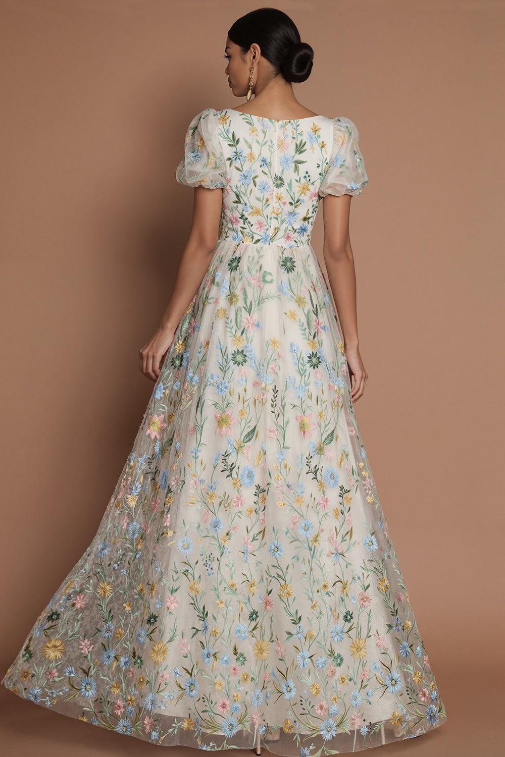 White A Line Floral Embroidered V Neck Puff Sleeves Long Formal Dress