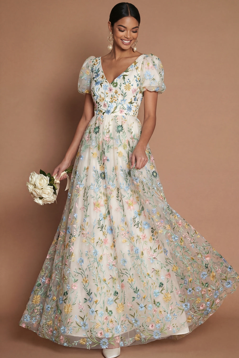 White A Line Floral Embroidered V Neck Puff Sleeves Long Formal Dress